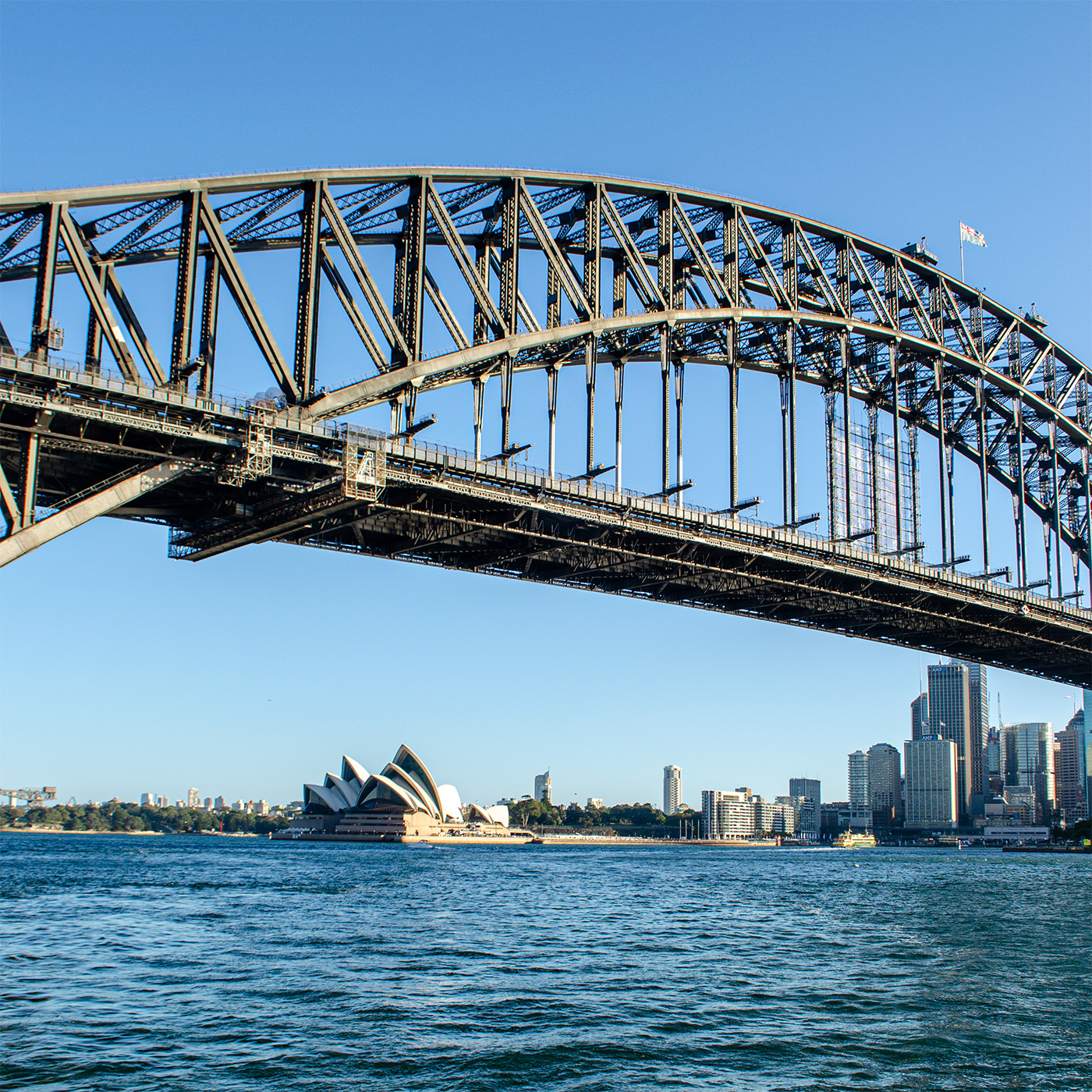 Sydney Opera House below the Harbour Bridge